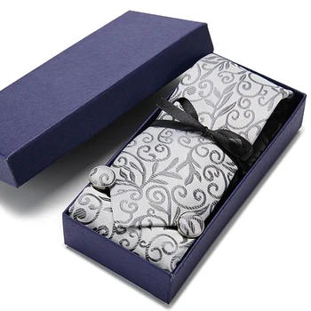 Caixa de presente de Luxo Novo Cinza Gravata Conjunto 7cm preto Xadrez Gravata Gravata Bolso Quadrado Lenço de Punho de Terno Para Casamento