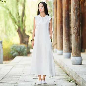 ORIGOODS Sólido Branco Rosa Preto sem Mangas, as Mulheres de Vestido Longo, Magro Chinês de estilo Vintage Vestido de Verão das Mulheres Femme Vestidos B218
