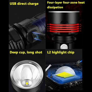 Super Poderoso XHP70 Lanterna LED XM-L2 Exterior LightingTactical Tocha Recarregável USB Waterproof a Lâmpada Ultra Brilhante Lanterna