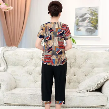 2019 Verão de mulheres de meia-idade se ajustar mãe de manga curta T-shirt superior mulheres de roupas de tamanho grande, de duas peças, as mulheres casual terno AS558