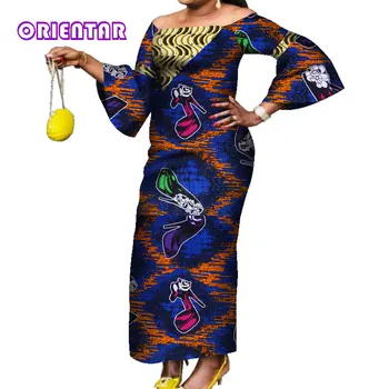 Moda de Barra do Pescoço Ancara Vestidos de Mulheres Africanas de Impressão Longo do Dashiki Vestido de Festa Veste Plus Size Africana Roupas para Mulheres WY7713