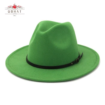 QBHAT mulheres homens Britânica Retro Jazz Senti Chapéu de aba larga Artificiais de Lã, Chapéus de Fedora com a fivela do seu cinto de Trilby Panamá green hat