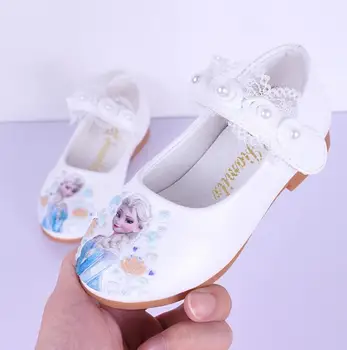 Disney New Kids Elsa Casuais Sapatos de meninas Congelados Princesa macio cartoon sapatos de desenho infantil pérola de calçados de couro