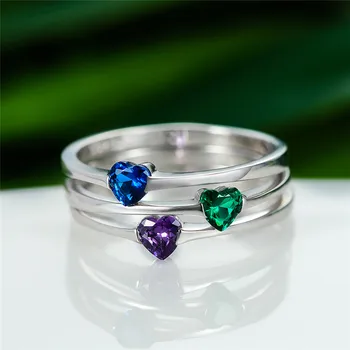 Simples Feminino Azul/Roxo/Verde Zirconia Anel De Moda De Casamento, Anéis De Noivado Para Mulheres Elegantes Prata 925 Ouro Rosa Anel Coração