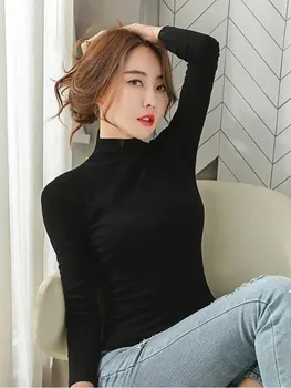 2020 Outono Inverno Novo Meia Gola Alta Cor Sólida Assentamento Camisa das Mulheres coreano Versão Com Mangas compridas Magro T-Shirt Superior M-