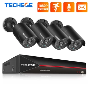 Techege H. 265 4CH 1080P POE NVR do Kit Câmera de Segurança CCTV Sistema de Exterior gravação de Áudio da Câmera do IP de P2P de Vigilância de Vídeo Definido