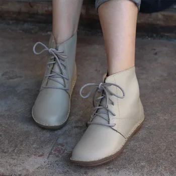 Mulher Sapatos Ankle Boots Autêntico Couro de Mulheres Tornozelo Botas Femininas Outono Sapatos Rodada toe rendas até botas de cowboy(500680-5)