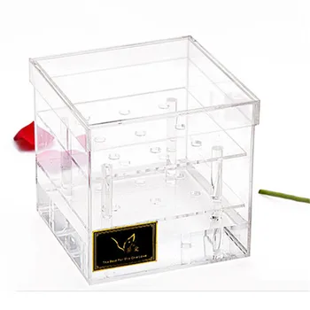 Transparente Rosa Flor de Acrílico Flor Caixa de Armazenamento de Caixa de Organizador de Maquiagem para Meninas de Caixa de Presente de Casamento, Festa de Natal Flor Caixa