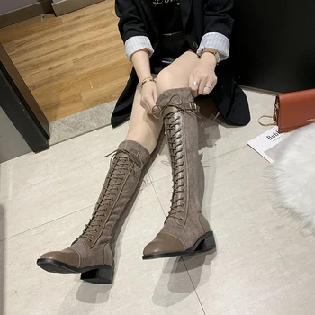 Botas femininas 2019 nova moda PU costura superfície com tubo longo botas de equitação tendência retro quadrado com Martin botas