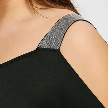 Sexy Off-a-ombro trapezoidal corte superior de Mulheres da Moda Plus Size Escada Corte Reluzente T-shirt O-Pescoço Sólido Topo