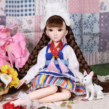 Seis trajes nacionais xiaojing menina boneca conjunta corpo bjd, incluindo roupas, sapatos e caixa de 25cm fress de envio do presente