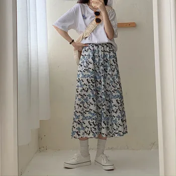 Vintage Borboleta De Impressão De Uma Linha De Saias Longas Plissadas Mulheres Coreano Saia Estilo Streetwear Cordão Elástico Na Cintura Saia Midi