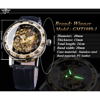Vencedor De Ouro Preto Retro Mãos Luminosas Moda Diamante Apresentar Mens Mecânica Do Esqueleto Relógios De Pulso Da Marca Top De Luxo Relógio