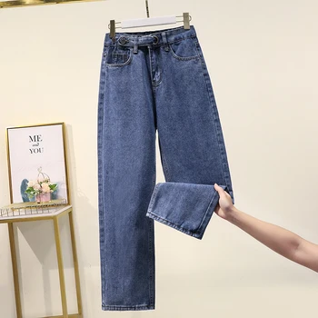 Zoki Vintage Mulheres Jean Outono De Cintura Alta Botão Coreano Comprimento Total Do Mom Jeans Bf Azul De Algodão Streetwear Cowboy De Jeans, Calças De 2020