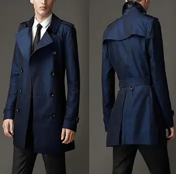 Blue mens trench coats homem Médio, pelagem longa homens double breasted roupas de ajuste fino casaco de manga longa 2020 novo designer