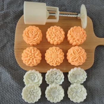 Reutilizáveis 6Pcs/4Pcs Festival Cookie Decorar 50g de Plástico/Aço Inox Multi-usos de Mooncake Moldes 3D em Forma de Flor
