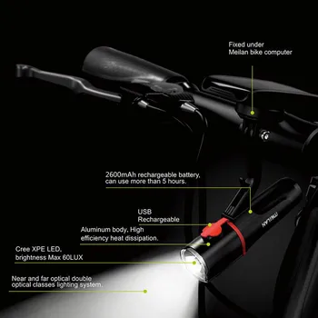 Meilan Moto Conjunto de luz de Carregamento USB Mini Luz de Bicicleta Impermeável Muito Perto de Feixe da Lâmpada Dianteira Bateria de 2500MAH Suporte de Câmera GOPRO