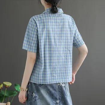 Blusas, Camisas de Mulheres de Verão Casual Xadrez Tops Novo 2020 Estilo coreano Vire para baixo de Gola Feminino Blusa Vintage de Alta Qualidade P990