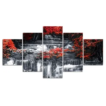 HD Impressões de Cartazes 5 Peças Cachoeira Natural Pintura Preto Branco Cenário Arte de Parede Red Maple Fotos de Sala de estar Decoração de Casa