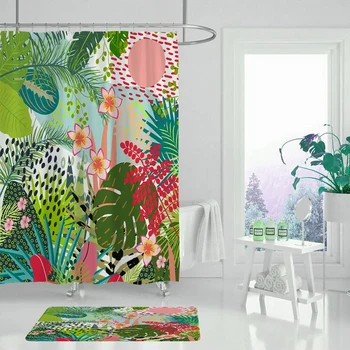 Cortina de chuveiro flor tropical e de aves, cortina de banheiro conjunto de não-deslizamento do tapete tapete de casa de banho a decoração home