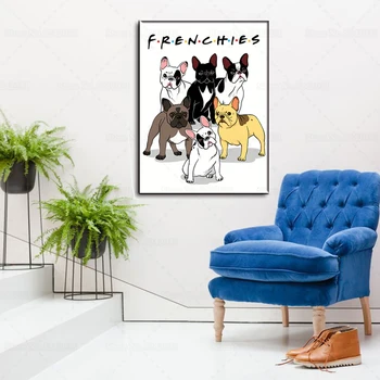 Amigos Inspirado Estilo Bonito de Bulldog francês Cartaz Engraçado Frenchie de Impressão de Tela de Pintura para Bulldog Presente dos Amantes