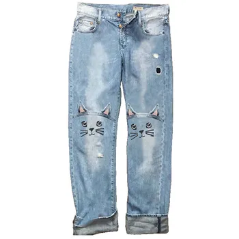 Feminino Magro Calças Jeans Mulher Jeans Vintage Jeans Azul Quebrado Buraco Solta Gato Impressão Tridimensional джинсы Calça Rasgada