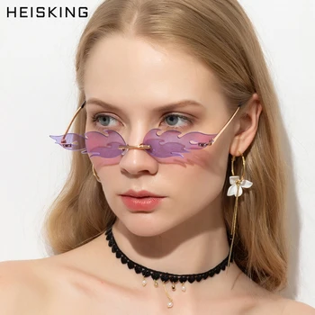 HEISKING mulheres do vintage óculos de sol de fogo espelho verde 2020 novo ouro moldura de metal sem aro de óculos de sol para mulheres estreitas óculos