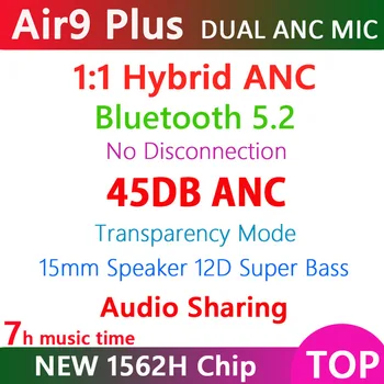 CPN Air9 Mais TWS sem Fio Bluetooth Fones de ouvido com cancelamento de Ruído Ativo & Transparencry Fones de ouvido Sem cortar música 1562H