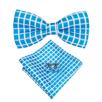 Oi Tie-Novo-Seda Xadrez Azul, gravata borboleta Homens Vintage Moda masculina de Casamento Laços Bolso Quadrado de Punho e Broche Conjunto de Dropship Laços