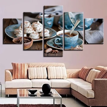 Lona Fotos de Decoração de Casa Modular HD Imprime 5 Peças Xícara de Café Pinturas Multa Chá da Tarde Pôster de Parede de Cozinha de Arte-Quadro