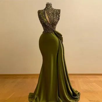 Modesto, O Verde-Oliva Sereia Vestidos De 2021 Gola Alta De Lantejoulas Frisado Longos Vestidos De Noite De Imagem Real Vestido De Festa Formal