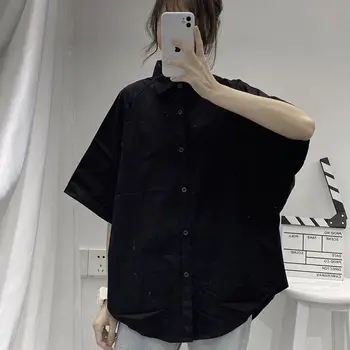 Blusas, Camisas de Mulheres Sólido Único Breasted Vire para baixo de Gola Harajuku Casual Simples Solta Todo-jogo estilo Retro-Chique coreano Feminino Tops