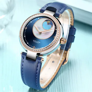 SOLLEN Azul Mulheres Relógios de Senhoras Relógio de Diamantes Fase da Lua Couro Feminino Automáticos os Relógios Mecânicos Para Meninas Montre Femme