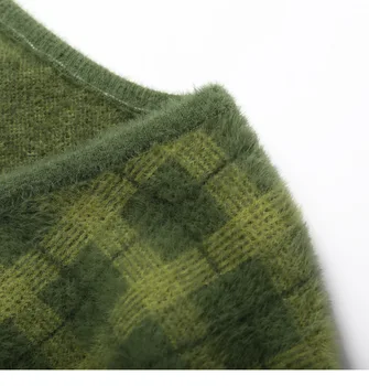 PEONFLY Harajuku Fuzzy Verde Xadrez Cardigan Com Botão Frontal Mulheres Cortada Suéter