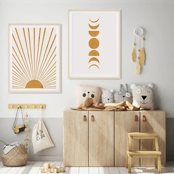 O sol e a Lua Fases Boho Amarelo e Bege Meados do Século Tela Viveiro Imagem do Poster de Impressão Quarto de Crianças, Arte de Parede Decoração da Casa