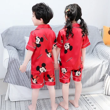 Mickey de Disney para crianças pijamas de verão gelo fino de seda para crianças, ar condicionado casa de serviço de manga curta + shorts de fato