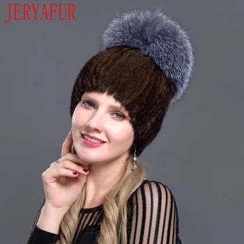 JERYAFUR russo moda em vison com estampa pele de raposa chapéu de moda de inverno para mulheres de peles de vison tampa de esqui cap pele pac