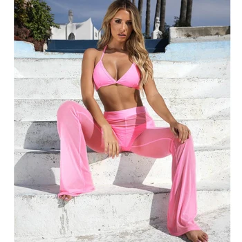 Mulheres Sexy Beach Ver através de Malha de Alta Cintura Elástica Pura de Perna Larga Calças Calças de Biquíni Cobrir S-XL
