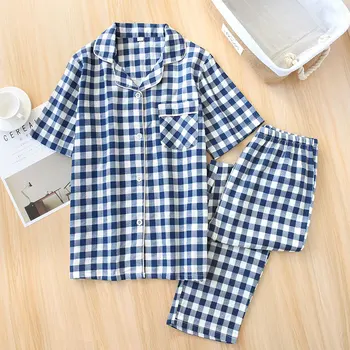 Em estilo japonês, simples e curto, pijama feminino com gaze de algodão de manga curta senhoras de calças de pijama terno bonito pijama em casa serviço de