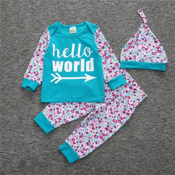 2018 nova moda menina de impressão conjunto de roupas de ins bebê 3pcs conjunto de T-shirt manga longa + calça + chapéu de roupas infantis