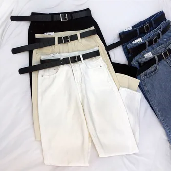 As mulheres formam a Longa Reta Jeans Estilo coreano Lavado Cintura Alta Jeans Calças para Mulheres Algodão Casual Calças Jeans Calças com Cinto