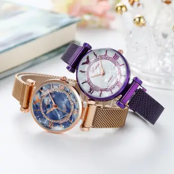 Luxo Gem de Flores de Corte Eléctrico Mulheres Relógios de Ímã de Malha Banda de Strass de Quartzo relógio de Pulso Feminino Relógio de Diamantes zegarek damsk