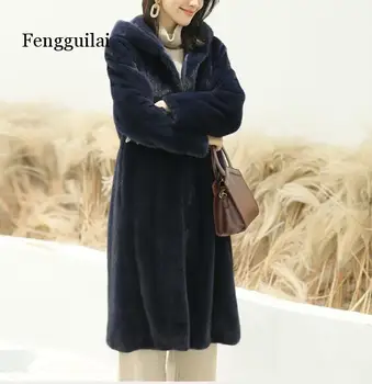 O inverno das mulheres com capuz casaco de pele de lontra moda feminina Plus size 6XL longo de Vison luxuoso casaco grosso quentes de peles de Agasalho Parka