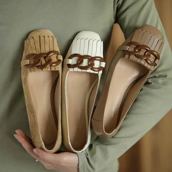 Couro genuíno Sapatos para as Mulheres 2021 Primavera de Salto Grosso Dedo do pé Quadrado Bombas Feminino Rasa de Moda de Trabalho Casuais Sapatos de Mulher Calcanhar