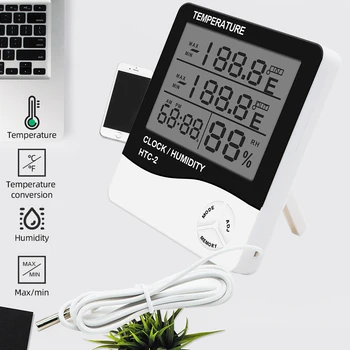 Digital Medidor da Umidade da Temperatura Eletrônico LCD Interior para o Exterior do Termômetro de Digitas Estação Meteorológica Relógio HTC-1 HTC-2 30%de desconto