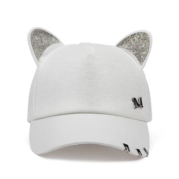 2018 novo miau Mulheres Verão outono preto branco cor-de-Rosa chapéu de orelhas de Gato Gato boné de Beisebol com anéis e rendas menina bonito chapéu