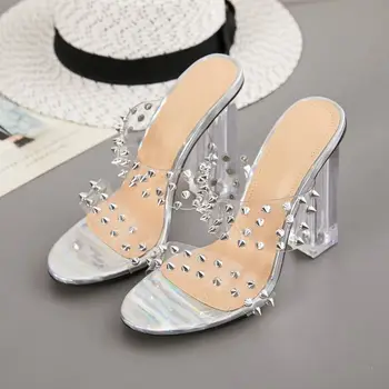 Sapatos femininos verão as Mulheres de PVC Salto Alto Grosso de Salto 11cm Cabeça Redonda Sandálias e Chinelos Transparente Stud Silver