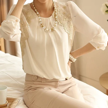 Mulher de Blusa Branca Fashion Estilo coreano de Verão Chiffon Lace Casual Feminino Blusa Camisa de peças de Vestuário Senhoras