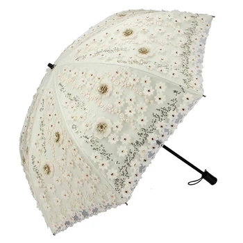 Duplo Protetor solar Guarda-chuva de Proteção de UV do Laço Bordado de Flores guarda-chuva chuva mulheres de mini guarda-chuva Dobrável de Dupla utilização, Guarda-Sol