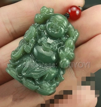 Belo Verde Natural HeTian Jade Esculpida Chinês Larghing Buda Amuleto Da Sorte Pingente + Grátis Colar Certificado De Finas Jóias